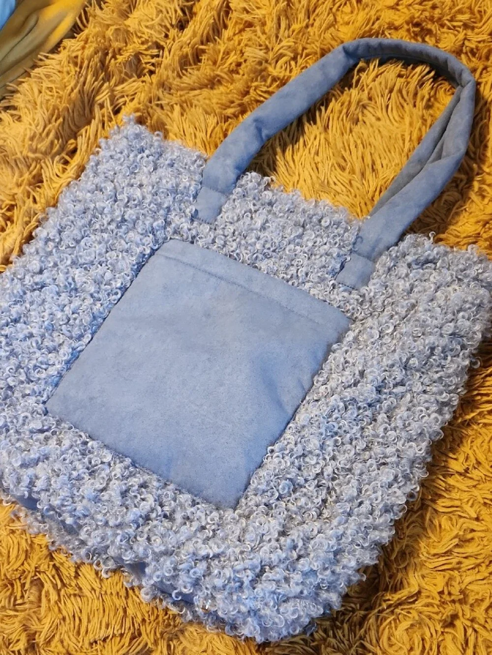 NWOT Light Blue Faux Shearling Tote with Front Pocket